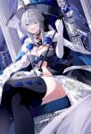  1girl absurdres bangs black_thighhighs blue_eyes braid breasts cleavage crown fate/grand_order fate_(series) gloves grey_hair highres large_breasts long_hair looking_at_viewer misaki346 morgan_le_fay_(fate) sitting solo thighhighs thighs 