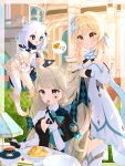  3girls :d :o absurdres animal_ear_fluff animal_ears aqua_bow aqua_bowtie award_ribbon black_cape black_capelet black_eyes black_gloves black_leotard blonde_hair blunt_bangs blurry blurry_background blush boots border bow bowtie breasts bright_pupils brown_bow brown_bowtie building bush cake cake_slice cape capelet cat_ears cat_girl cherry cleavage closed_mouth commentary_request cup desk_lamp dress eyelashes facial_mark fingerless_gloves flower flying food fork fruit genshin_impact gloves gold_trim green_hair grey_hair hair_between_eyes hair_bow hair_flower hair_ornament halo hand_up highres holding holding_another&#039;s_hair holding_fork holding_hair holding_knife ile_flottante index_finger_raised juliet_sleeves knife lamp leotard long_hair long_sleeves lumine_(genshin_impact) lynette_(genshin_impact) madeleine medium_breasts medium_hair multicolored_hair multiple_girls neneko_sleep open_mouth outside_border paimon_(genshin_impact) plate puffy_sleeves purple_eyes raised_eyebrows saucer short_hair_with_long_locks shrug_(clothing) sidelocks single_thighhigh sitting sleeve_cuffs sleeveless sleeveless_dress smile sparkle speech_bubble standing star_(symbol) star_facial_mark star_hair_ornament table tea teacup thighhighs transparent_border two-tone_gloves tying_another&#039;s_hair vambraces very_long_hair white_cape white_dress white_flower white_footwear white_gloves white_hair white_pupils white_thighhighs wing_collar yellow_eyes 
