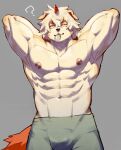  2023 abs absurd_res anthro areola arknights bulge canid canine canis clothed clothing domestic_dog fur hair hi_res horn hung_(arknights) hypergryph looking_at_viewer male mammal muscular muscular_anthro muscular_male navel pluto08010511 pu94_d1de4c solo studio_montagne tail tan_body tan_fur topless topless_anthro topless_male white_body white_fur white_hair 
