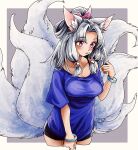  1girl :3 alternate_costume animal_ear_fluff animal_ears black_shorts blush border bow bracelet breasts collarbone commentary_request curtained_hair fox_ears fox_girl grey_background grey_hair hair_bow hair_twirling half_updo highres jewelry kitsune large_breasts long_hair looking_ahead multiple_tails natsu_tuna off-shoulder_shirt off_shoulder outside_border pink_bow pink_eyes purple_shirt shirt short_shorts short_sleeves shorts sidelocks simple_background slit_pupils solo tail touhoku_itako voiceroid white_border 