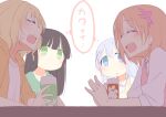  4girls ^_^ black_hair blonde_hair blue_eyes blue_hair blunt_bangs closed_eyes cup drinking_glass facing_another gochuumon_wa_usagi_desu_ka? green_eyes hair_ornament hairclip hetareeji hoto_cocoa kafuu_chino kirima_syaro light_blue_hair long_hair looking_at_another multiple_girls open_mouth orange_hair shared_thought_bubble short_hair simple_background steepled_fingers sweatdrop teeth thought_bubble translated ujimatsu_chiya upper_teeth_only white_background x_hair_ornament 