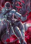  1girl artist_name belt black_belt black_bodysuit bodysuit chain claws colored_skin cosmicleeches demon demon_girl digimon digimon_(creature) fallen_angel grey_hair grey_skin highres ladydevimon long_hair looking_at_viewer mask red_eyes skull solo watermark 