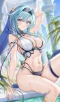  00nanona 1girl absurdres alternate_costume arm_behind_head arm_strap bikini black_bikini black_hairband blue_hair blurry blurry_background breasts butterfly_hair_ornament cleavage detached_collar eula_(genshin_impact) genshin_impact gradient_eyes hair_between_eyes hair_ornament hairband highleg highleg_bikini highres holding large_breasts looking_at_viewer medium_hair multicolored_eyes outdoors partially_submerged poolside sitting solo swimsuit thigh_strap two-tone_bikini vision_(genshin_impact) wet white_bikini 