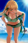  1girl absurdres bare_shoulders beach bikini blonde_hair blue_sky breasts cleavage cloud commentary_request day feet_out_of_frame fire_emblem fire_emblem:_three_houses fire_emblem_heroes flower green_bikini green_eyes green_ribbon green_shorts hair_flower hair_ornament hair_ribbon highres holding holding_polearm holding_weapon ingrid_brandl_galatea leaning_forward long_hair looking_at_viewer medium_breasts navel ocean off-shoulder_bikini off_shoulder official_alternate_costume open_mouth polearm ribbon sail_(sail-away) short_shorts short_sleeves shorts sky solo standing stomach swimsuit thighs trident water weapon white_flower 