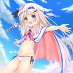  1girl arms_up bat_hair_ornament bikini bikini_under_clothes blue_eyes blush brown_hair cloak cloud hair_ornament hairclip hat kud_wafter kudpoid_(71139) little_busters! long_hair navel noumi_kudryavka open_cloak open_clothes open_mouth outdoors outstretched_arms side-tie_bikini_bottom sky smile solo stomach swimsuit thighs white_bikini white_cloak white_headwear 