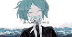  1other androgynous aqua_hair aqua_mouth black_jacket black_necktie bob_cut chemical_formula closed_eyes collared_shirt colored_eyelashes commentary facing_viewer gem_uniform_(houseki_no_kuni) highres houseki_no_kuni jacket necktie o-three open_mouth parted_bangs phosphophyllite portrait shirt short_hair smile straight-on water waves white_background white_shirt 