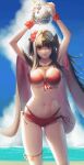  1girl aduti_momoyama arms_up beach bikini black_cape black_hair blue_sky blunt_bangs breasts cape cleavage cloud collarbone commentary_request day fire_emblem fire_emblem_awakening fire_emblem_heroes floating_hair flower hair_flower hair_ornament highres holding large_breasts long_hair looking_at_viewer navel official_alternate_costume outdoors parted_lips purple_cape purple_eyes red_bikini red_flower sand sky smile solo stomach swimsuit tharja_(fire_emblem) tharja_(summer)_(fire_emblem) tiara two-tone_cape two_side_up water 