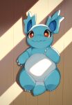  blue_body blush chubby_feral claws cute_fangs eyelashes feature female feral floorboards generation_1_pokemon hi_res light lying nidorina nintendo on_back pokemon pokemon_(species) red_eyes semi-anthro solo sunlight white_body xmu 