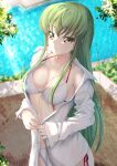  1girl absurdres bikini blurry blurry_background blush breasts budgiepon c.c. cleavage code_geass collarbone commentary cowboy_shot day dress_shirt eyelashes eyes_visible_through_hair green_hair hair_between_eyes halterneck highres large_breasts light_rays lips long_hair looking_at_viewer midriff off_shoulder open_clothes open_shirt opened_by_self outdoors parted_lips pool poolside shirt side-tie_bikini_bottom sidelighting sidelocks sleeves_past_wrists smile solo standing straight_hair sweat swimsuit very_long_hair white_bikini white_shirt yellow_eyes 
