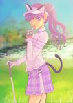  1girl animal_ears animal_print blouse cat_ears cat_print cat_tail commentary cowboy_shot earrings from_side gloves golf_club grass holding jewelry jj_(ssspulse) kirakira_precure_a_la_mode kotozume_yukari long_hair long_sleeves looking_at_viewer miniskirt open_mouth plaid plaid_skirt pleated_skirt pond precure print_gloves purple_eyes purple_hair purple_skirt shirt skirt solo standing tail visor_cap white_gloves white_headwear white_shirt 