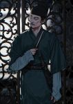  1boy absurdres arm_at_side beard black_eyes black_hair black_headwear chinese_clothes facial_hair folding_fan hand_fan hand_up hanfu hat highres holding holding_fan long_sleeves looking_away looking_to_the_side male_focus mustache nyeigneous original solo standing sword weapon 