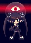  1girl 1other :o backbeako backbeard black_background black_dress black_footwear black_gloves black_hair black_ribbon black_thighhighs chibi commentary_request dress elbow_gloves full_body futaba_channel gegege_no_kitarou gloves hair_over_one_eye hair_ribbon index_finger_raised light_blush long_hair looking_at_viewer open_mouth original pointy_ears red_eyes ribbon simple_background sleeveless sleeveless_dress solo solo_focus standing thighhighs torotei twintails 