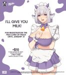  1girl apron bell breasts cowboy_shot dress english_commentary frilled_apron frills girls&#039;_frontline grey_hair highres j_adsen large_breasts looking_at_viewer maid_headdress milka_(chocolate) mixed-language_commentary neck_bell pointing pointing_at_viewer puffy_short_sleeves puffy_sleeves purple_dress purple_eyes rpk-16_(girls&#039;_frontline) russian_commentary short_dress short_hair short_sleeves solo standing waist_apron white_apron 