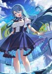  1girl :d blue_eyes blue_hair blue_skirt blue_sky braid cloud day falken_(yutozin) highres long_hair looking_at_viewer open_mouth original outdoors puffy_short_sleeves puffy_sleeves short_sleeves skirt sky smile solo standing twin_braids 