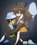  1girl between_breasts black_hair blue_eyes breasts brown_hair cave commentary elephant_ears elephant_girl hat head_between_breasts highres hug kemono_friends large_breasts long_hair mammoth_(kemono_friends) mo23 player_avatar_prototype_(boy)_(kemono_friends) snowing white_footwear 