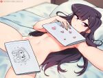  1girl black_hair completely_nude covering covering_breasts covering_crotch highres komi-san_wa_komyushou_desu komi_shouko long_hair looking_away lying navel notebook nude on_back paid_reward_available pillow selfie solo tobias_wheller 