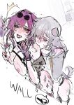  2girls against_wall animal_ears biting blush breasts dildo dog_ears dog_tail english_commentary english_text gloves highres honkai:_star_rail honkai_(series) kafka_(honkai:_star_rail) large_breasts light_smile medium_hair multiple_girls nipples purple_eyes purple_gloves purple_hair saliva sex sex_toy shirt standing stelle_(honkai:_star_rail) strap-on sweatdrop tail taking_off trailblazer_(honkai:_star_rail) tyg2077 white_shirt yellow_eyes yuri 