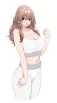  1girl blush breasts brown_hair cleavage clenched_hand collarbone cropped_legs goshiki_suzu highres large_breasts long_hair looking_at_viewer navel original pants sideways_glance simple_background solo sports_bra sweatdrop v-shaped_eyebrows white_background white_pants white_sports_bra wristband yoga_pants 