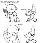  anon_(snoot_game) anthro bald black_and_white black_eyes bogos_binted cellphone comic duo english_text eye_changing hi_res human male mammal monochrome no_pupils nrool phone pterodactylus pterosaur reptile scalie smartphone snoot_game text 