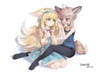  2girls absurdres adjusting_another&#039;s_hair ahoge animal_ear_fluff animal_ears arknights black_choker black_pantyhose blonde_hair blue_eyes choker commentary_request fox_ears fox_girl fox_tail green_eyes grey_hair hair_between_eyes hairband highres kitsune kyuubi long_hair long_sleeves looking_at_another multiple_girls multiple_tails official_alternate_costume pantyhose seiza short_hair short_hair_with_long_locks sidelocks simple_background sitting sitting_on_person sleeveless sussurro_(arknights) suzuran_(arknights) suzuran_(spring_praise)_(arknights) tail whitemaus 