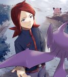  1boy belt_buckle blush buckle bush clefairy closed_mouth commentary_request cowlick crobat day grey_eyes grin haisato_(ddclown14) jacket long_hair male_focus outdoors pants pokemon pokemon_(creature) pokemon_(game) pokemon_hgss red_hair rock signature silver_(pokemon) smile standing teeth 