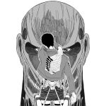  1boy back bertolt_hoover clothes_grab colossal_titan facing_away feet_out_of_frame from_behind giant giant_male greyscale jacket_grab kaos_(kkkakao) male_focus monochrome official_style paradis_military_uniform shingeki_no_kyojin short_hair spoilers symbolism three-dimensional_maneuver_gear titan_(shingeki_no_kyojin) undressing 