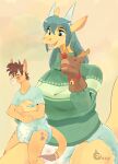  anthro arms_around_partner babysitter blue_eyes blue_hair blush capreoline caretaker carrying_another clothing deer diaper dipstick_tail dragon duo fangs female fingers fur furred_dragon hair hand_puppet hi_res horn infantilism larger_female legwear long_ears looking_at_another male mammal markings molly_(ozzybear) mommy_kink on_lap one_eye_closed open_mouth ozzy_(ozzybear) ozzybear puppet reindeer sharp_teeth short_hair simple_background sitting_on_lap size_difference smaller_male sweater tail tail_markings teeth topwear yellow_body yellow_fur yellow_skin 