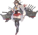  1girl bare_shoulders black_hair breasts brown_eyes brown_hair dazzle_paint detached_sleeves hair_ornament hairband hairclip haruna_(kancolle) headgear japanese_clothes kantai_collection konishi_(koconatu) large_breasts long_hair looking_at_viewer nontraditional_miko official_art open_mouth ribbon-trimmed_sleeves ribbon_trim skirt smile solo thighhighs 