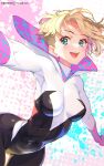  absurdres artist_name blonde_hair blue_eyes breasts highres navel non-web_source smile spider-gwen tagme teeth 