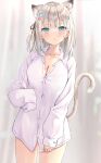  1girl akino_ell animal_ears blue_eyes breasts cat_ears cat_girl cat_tail cleavage collarbone collared_shirt cowboy_shot dress_shirt highres long_hair long_sleeves looking_at_viewer naked_shirt original partially_unbuttoned shirt smile solo tail tail_raised white_hair white_shirt 