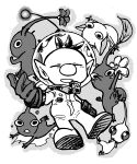  1boy alien arm_up big_nose blue_pikmin blush_stickers bud buttons clenched_hands closed_eyes commentary flexing flower gloves greyscale hands_on_own_chin helmet highres leaf leg_up looking_at_viewer lying monochrome no_mouth olimar on_stomach open_mouth outstretched_arms outstretched_hand pikmin_(creature) pikmin_(series) plump pointy_ears pointy_nose purple_pikmin radio_antenna red_pikmin short_hair sliding smile solid_circle_eyes space_helmet spacesuit taichohanuma triangle_mouth very_short_hair water water_drop whistle white_background white_pikmin yellow_pikmin 