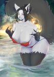  2023 5_fingers anthro anthrofied areola areola_slip arm_tuft big_breasts bikini bikini_pull black_body black_fur black_hair black_inner_ear black_nose black_tail bottomwear breasts canid claws cleavage clothed clothing clothing_pull curvy_figure detailed_background digital_media_(artwork) ear_piercing ear_ring female fingers fluffy fluffy_tail fur generation_3_pokemon grey_areola grey_body grey_fur hair hot_spring huge_breasts hyena kecombat leaning leaning_forward lips looking_at_viewer mammal mature_anthro mature_female mightyena milfyena nails nintendo nipple_outline partially_submerged piercing pokemon pokemon_(species) pokemorph ponytail presenting presenting_breasts red_bikini red_bikini_bottom red_bikini_top red_clothing red_eyes red_swimwear ring_piercing seductive sharp_teeth slightly_chubby smile solo standing steam suggestive swimwear swimwear_pull tail teeth thick_bottom_lip thick_thighs thigh_tuft topwear tuft voluptuous water wide_hips yellow_sclera 