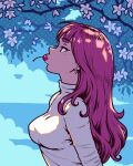  1girl akairiot blue_sky breasts cherry cherry_blossoms cloud cloudy_sky commentary earrings english_commentary food food_in_mouth fruit highres hoop_earrings jewelry leaf long_hair medium_breasts mole original pink_hair pursed_lips shadow sky solo sweater tree upper_body white_sweater 