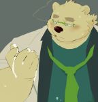  anthro bear blush bodily_fluids cigarette cigarette_in_mouth clothing coat cum cum_on_hand eyebrows genital_fluids hair lab_coat leib_(tas) lifewonders male mammal necktie object_in_mouth overweight polar_bear ponytail sessa2014 smoking solo sweat thick_eyebrows tokyo_afterschool_summoners topwear ursine 