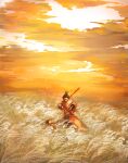  1boy 1girl black_hair character_request closed_eyes cloud glowing glowing_sword glowing_weapon highres looking_down mario_(2669431) mechanical_arms orange_sky over_shoulder scarf scenery sekiro sekiro:_shadows_die_twice short_hair single_mechanical_arm sky topknot weapon weapon_over_shoulder wheat_field white_scarf 