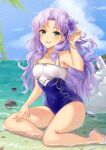  1girl alternate_costume arm_at_side bare_arms bare_legs bare_shoulders beach beads blue_sky breasts cloud covered_navel curly_hair day fire_emblem fire_emblem:_the_blazing_blade florina_(fire_emblem) flower green_eyes hair_beads hair_flower hair_intakes hair_ornament hand_in_own_hair hand_on_own_leg hand_up haru_(nakajou-28) highres leaning_to_the_side light_blush long_hair looking_at_viewer one-piece_swimsuit open_mouth outdoors parted_bangs partially_submerged purple_hair shoes sidelocks sitting sky small_breasts smile solo swimsuit two-tone_swimsuit water wavy_hair white_footwear wristband wristlet yokozuwari 