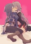  2girls absurdres bed_sheet black_choker black_jacket black_nails black_pants blue_jacket blush brown_footwear choker closed_eyes french_kiss fu_hua fu_hua_(herrscher_of_sentience) grey_hair hair_between_eyes highres honkai_(series) honkai_impact_3rd jacket juliet_sleeves kiss long_hair long_sleeves looking_at_another multiple_girls nail_polish pants pink_background puffy_sleeves quabara_9 red_eyes red_shorts shirt shoe_soles shorts sleeves_past_wrists sweat very_long_hair white_shirt 