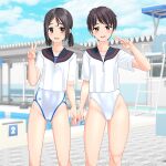  2girls absurdres black_hair black_sailor_collar blue_sky breasts brown_eyes cameltoe cloud collarbone commentary_request competition_swimsuit covered_navel day feet_out_of_frame highres lifeguard_chair logo looking_at_viewer low_twintails multicolored_clothes multicolored_swimsuit multiple_girls one-piece_swimsuit original outdoors pool poolside sailor_collar sailor_shirt school_uniform serafuku shirt short_hair sky small_breasts starting_block swimsuit swimsuit_under_clothes takafumi twintails v white_one-piece_swimsuit white_shirt 