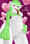  anthro breasts female gardevoir generation_3_pokemon genitals green_hair hair hi_res low-angle_view navel nintendo nipples open_mouth pink_eyes pokemon pokemon_(species) pussy silavos solo text watermark 