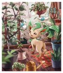  :d blurry blurry_foreground border bright_pupils brown_eyes commentary_request falling_leaves flower_pot leaf leafeon matsuri_(matsuike) no_humans open_mouth pokemon pokemon_(creature) smile standing swablu white_border white_pupils 