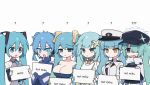  6+girls ? aqua_hair black_eyes black_headwear blue_archive blue_eyes blue_hair blue_jacket breasts cleavage closed_mouth crossover detached_sleeves dress ene_(kagerou_project) faruzan_(genshin_impact) genshin_impact goddess_of_victory:_nikke green_eyes grey_shirt hair_between_eyes hair_ornament hair_over_one_eye hatsune_miku headphones highres hiyori_(blue_archive) holding holding_sign jacket kagerou_project large_breasts league_of_legends long_hair multiple_girls necktie open_mouth orange_eyes parted_lips ponytail privaty_(nikke) shirt side_ponytail sign simple_background sleeves_past_fingers sleeves_past_wrists sona_(league_of_legends) sweat tanosii_chan track_jacket trait_connection tree_shade twintails very_long_hair vocaloid white_background x_hair_ornament 