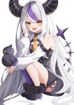  1girl ankle_cuffs ascot black_horns black_nails braid braided_bangs breasts crow_(la+_darknesss) divergenceok fang highres hololive horns la+_darknesss la+_darknesss_(1st_costume) long_hair looking_at_viewer multicolored_hair nail_polish pointy_ears purple_hair single_braid sleeves_past_fingers sleeves_past_wrists small_breasts streaked_hair striped_horns very_long_hair virtual_youtuber yellow_ascot 