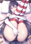  1boy 1girl :d absurdres ass bed black_eyes black_hair black_panties blush breasts chikuma_(kancolle) commentary_request commission cosplay elbow_gloves female_masturbation gloves highres kantai_collection large_breasts long_hair looking_at_viewer lying masturbation miniskirt ohguro_mariya on_back on_bed open_mouth panties pillow pov pov_hands pussy school_uniform serafuku shimakaze_(kancolle) shimakaze_(kancolle)_(cosplay) skeb_commission skirt smile solo_focus striped striped_thighhighs thighhighs underwear white_gloves 