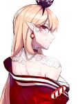  1girl back blonde_hair blush bow bowtie cgator choker cosplay earrings facial_mark from_behind highres japanese_clothes jewelry kimono lantern_earrings looking_at_viewer looking_back nijisanji nijisanji_en nina_kosaka nina_kosaka_(1st_costume) nina_kosaka_(cosplay) pointy_ears pomu_rainpuff red_eyes shoulder_blades solo virtual_youtuber 