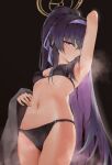  1girl absurdres arm_up armpits bikini black_bikini blue_archive blue_hairband breasts hairband halo highres long_hair looking_at_viewer navel official_alternate_costume purple_hair simple_background small_breasts solo steaming_body stomach sweat swimsuit ui_(blue_archive) ui_(swimsuit)_(blue_archive) very_long_hair yohwa 