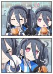  &gt;_&lt; &lt;key&gt;_(blue_archive) 2girls :o :t aris_(blue_archive) black_hair black_hairband blue_archive blue_necktie blush burger closed_eyes closed_mouth collared_shirt eighth_note flying_sweatdrops food food_on_face guriin hair_between_eyes hairband halo highres holding holding_food jacket long_hair long_sleeves multiple_girls musical_note necktie notice_lines one_side_up open_mouth puffy_long_sleeves puffy_sleeves purple_eyes shirt smile upper_body wavy_mouth white_jacket white_shirt 