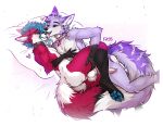  absurd_res anthro balls blue_eyes blush canid canine collar duo erection f-r95 fluffy fluffy_tail fur genitals grey_body grey_fur hi_res licking male male/male mammal pawpads penis red_body red_fur simple_background tail tongue tongue_out 
