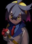  1boy black_background black_hair blue_shirt closed_mouth collared_shirt colored_inner_hair commentary_request crossed_bangs gloves hair_between_eyes hairband hand_up highres himurohiromu holding holding_poke_ball jacket kieran_(pokemon) male_focus multicolored_hair necktie poke_ball poke_ball_(basic) pokemon pokemon_(game) pokemon_sv red_gloves red_necktie shirt short_hair simple_background solo strap upper_body yellow_hairband zipper_pull_tab 