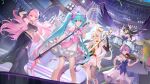  5girls :d :o ;d arm_strap armpits black_gloves black_hair black_skirt black_sleeves blue_eyes blue_hair blue_headwear blue_nails bow breasts bridal_gauntlets character_request cleavage detached_collar detached_sleeves dress floating_hair gloves grey_thighhighs hair_bow hatsune_miku headphones highres holding holding_instrument holding_microphone horns idol instrument large_breasts layered_dress long_hair long_skirt long_sleeves looking_at_viewer megurine_luka microphone microphone_stand midriff multiple_girls music nail_polish navel off_shoulder one_eye_closed open_mouth orange_bow orange_eyes orry outstretched_arm pink_bow pink_hair playing_instrument purple_wings short_dress short_hair side_slit single_thighhigh skirt sleeveless sleeveless_dress smile stage standing stomach thigh_strap thighhighs twintails underbust very_long_hair violin vocaloid white_dress white_hair white_skirt wings 