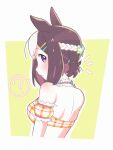  1girl ? animal_ears arm_garter back bare_shoulders bikini blush breasts brown_hair choker closed_mouth from_behind hair_ornament hairclip horse_ears looking_at_viewer looking_back multicolored_hair notice_lines plaid plaid_bikini purple_eyes sak_(saku6sak) short_hair short_ponytail small_breasts solo special_week_(hopping_vitamin_heart)_(umamusume) special_week_(umamusume) spoken_question_mark strapless strapless_bikini sweatdrop swimsuit two-tone_hair umamusume upper_body yellow_bikini 